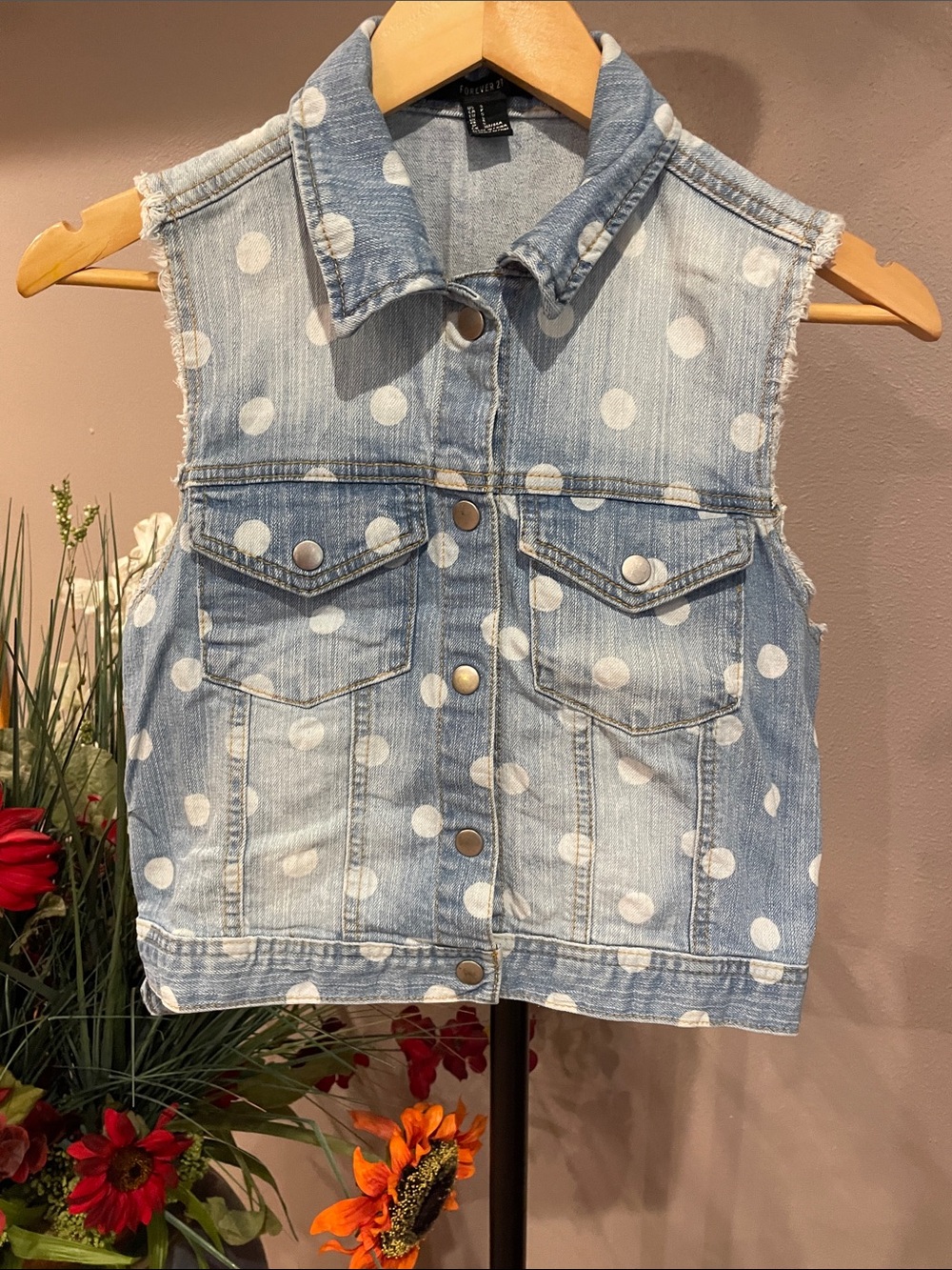Forever 21 Light Wash Polka Dot Denim Vest